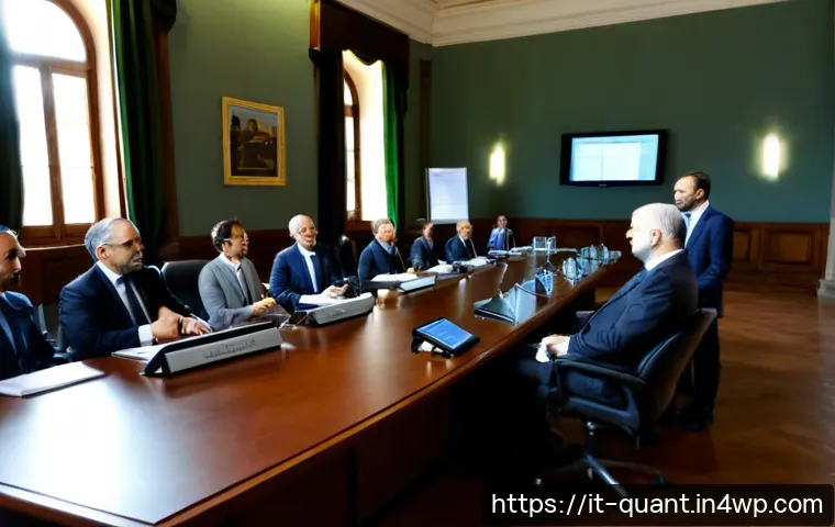 Home 15 양자 보안 기술의 정책적 의의 - Photorealistic policy meeting in a bright modern government conference room in Rome, Italian officia...