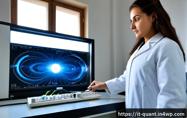 Home 15 양자 키 분배의 원리와 기술적 세부사항 - Photorealistic quantum key distribution research laboratory in Italy, an Italian female physicist in...